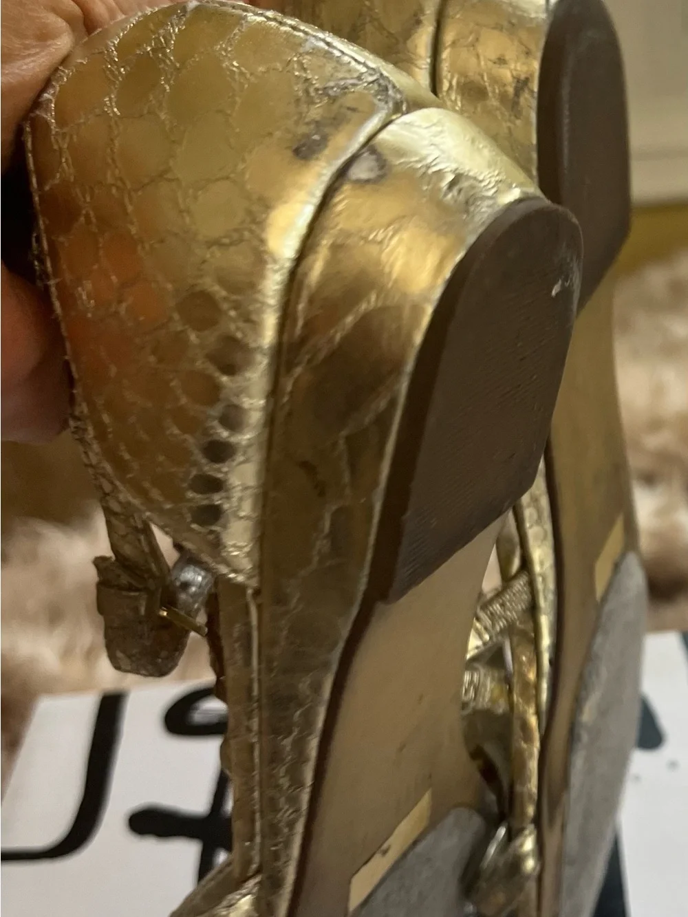 Unisa Gold Metallic Crystal Embellished T-Strap Heels